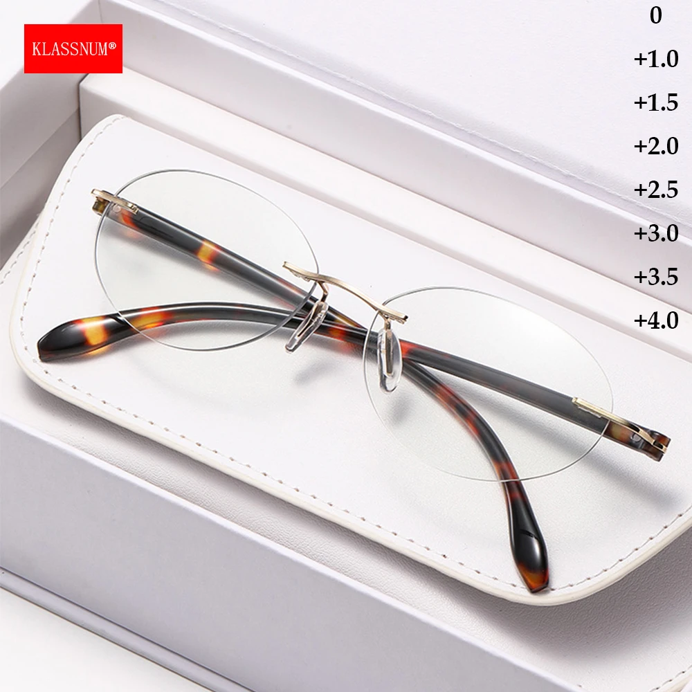 KLASSNUM Men Presbyopic Glasses Magnifing Rimless Glasses Women Small Oval Cut Edge Plus Lens Reading Glasses +1.0+1.5+2.0+2.5+3