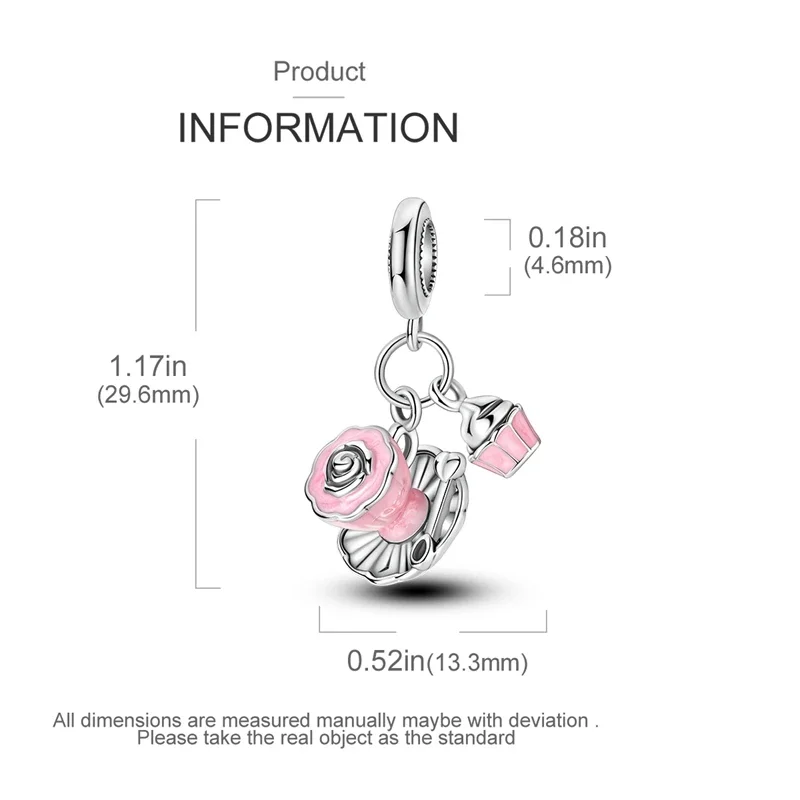 Creative 925 Sterling Silver Pink Floral Tea Cup And Small Cake Charm Fit Pandora Bracelet Women's Dessert Party DIY Accessories