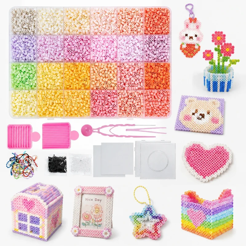 24 Colors Fuse Beads Kit DIY Perler Beads Set with Pegboards Tweezers Ironing Paper Accessories for Handmade DIY Art Craft Gift