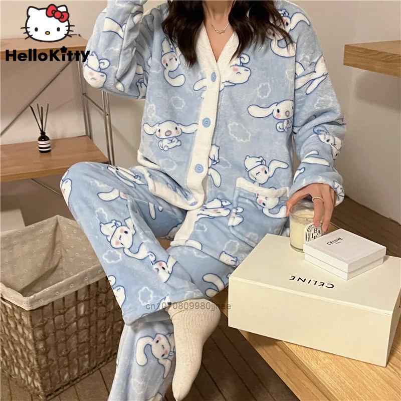 

Зимняя модная плюшевая Пижама Sanrio Cinnamoroll, женские домашние милые костюмы, Толстая теплая одежда для девушек, повседневная женская ночная рубашка из 2 предметов