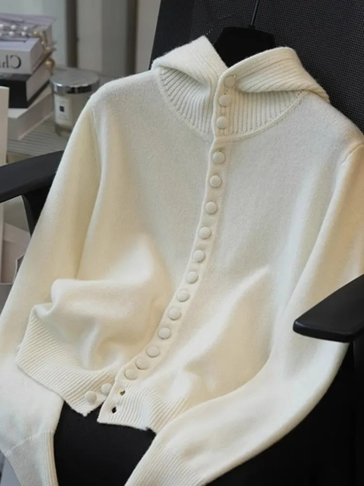

Pure Color Wool Knitted Open Cardigan Long Sve Lazy Sle Comfortable Hooded Women's Winter Warm Casual Top