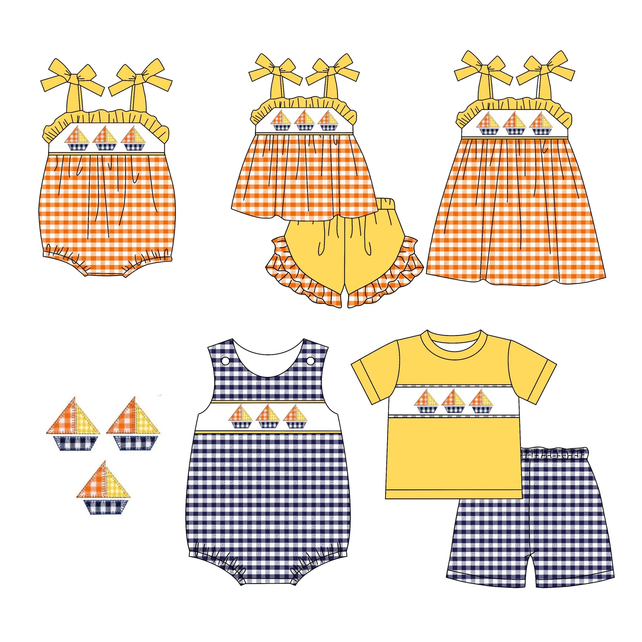 Boutique new hot-selling children set suspender bow sailboat print shorts lace girls boy plaid shorts set girl dress baby romper