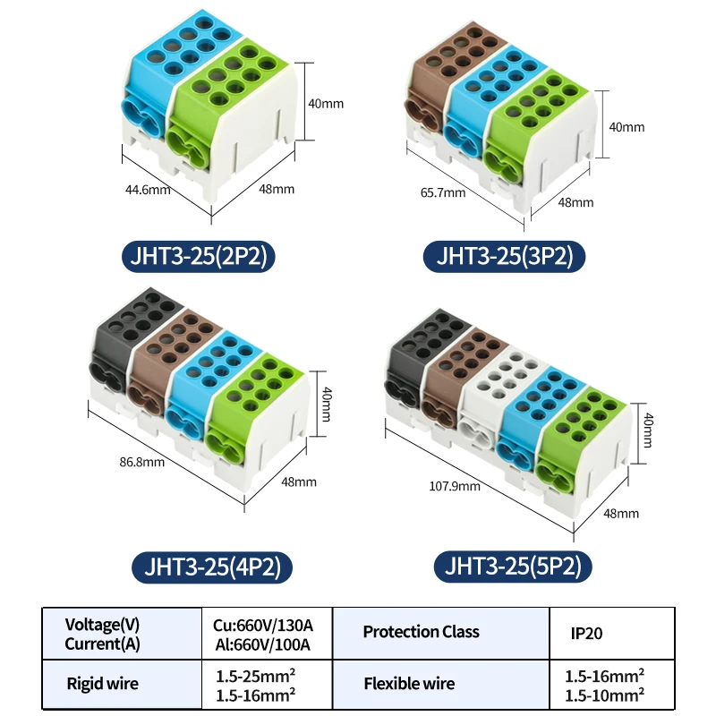 JINH 2Pcs Distribution Terminal Blocks JHT3 100A-2Pins (1x25,1x16 / 1x25,1x16) Splice Wire Connector Connectivity 25mm Wiring