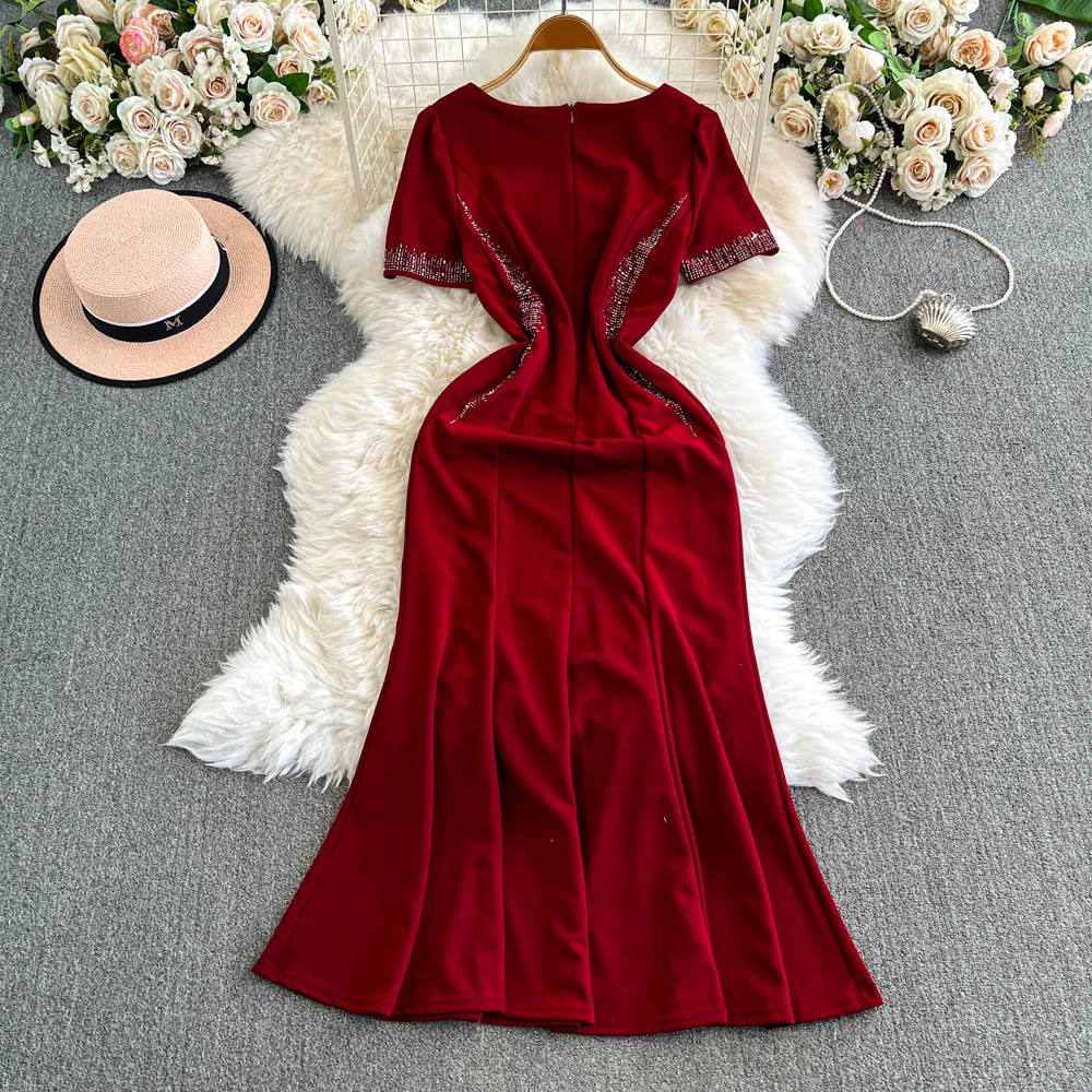 TWOTWINSTYLE Solid Spliced Diamonds Elegant Dresses For Women O Neck Short Sleeve High Waist Temperament Dress Female KDR517871