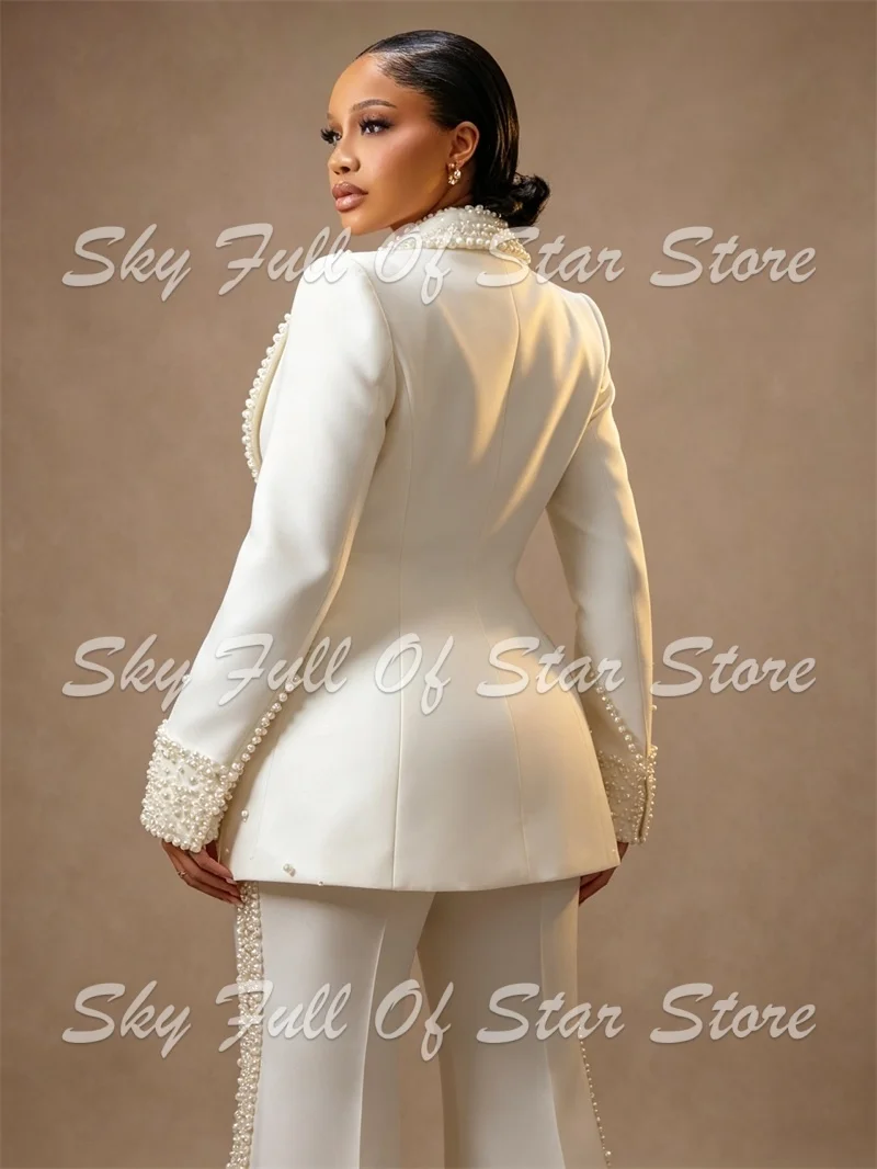 White Women Suit Set 2 Pcs Satin Heavy Pearl Beaded Blazer Flare Pants Custom Formal Bridal Wedding Evening Party Lady Jacket