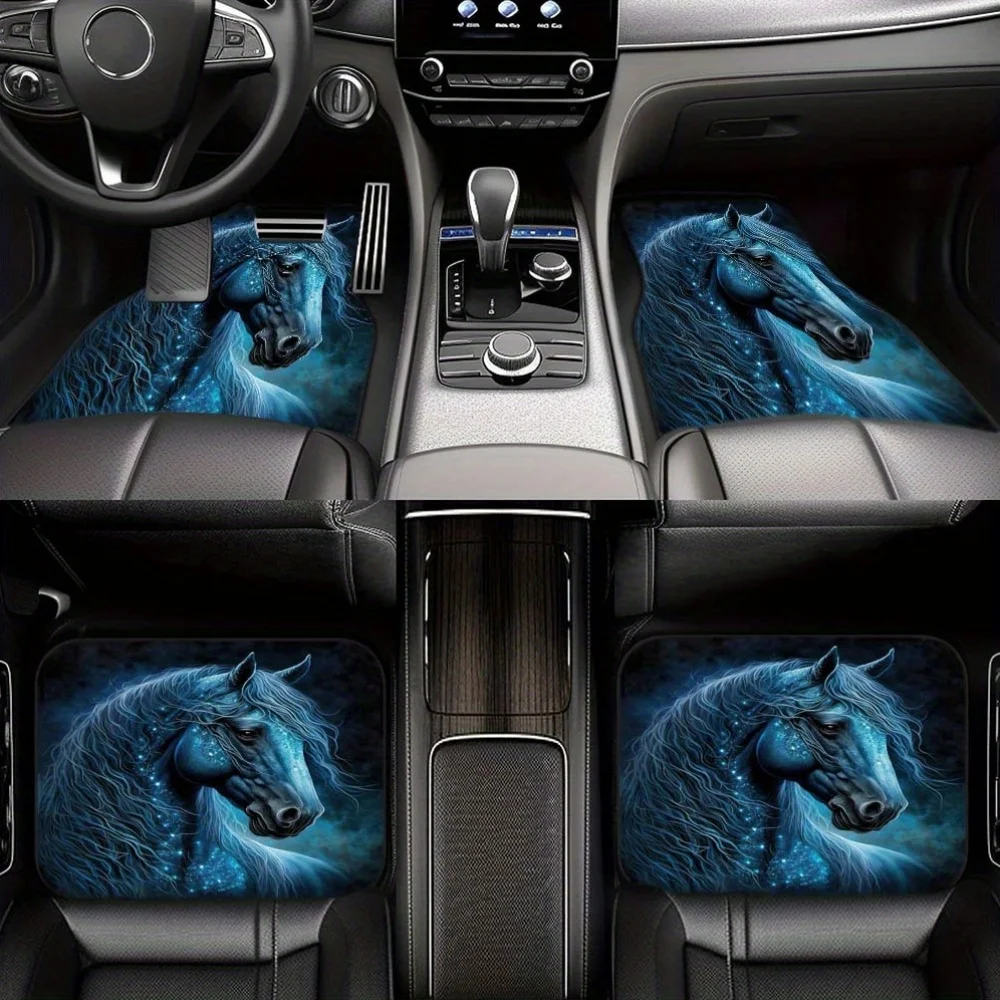 Set Of 4 Dreamy Horse Design Polyester Car Floor Mats, Suitable For Sedans And Suvs, Front And Rear Interior Additions