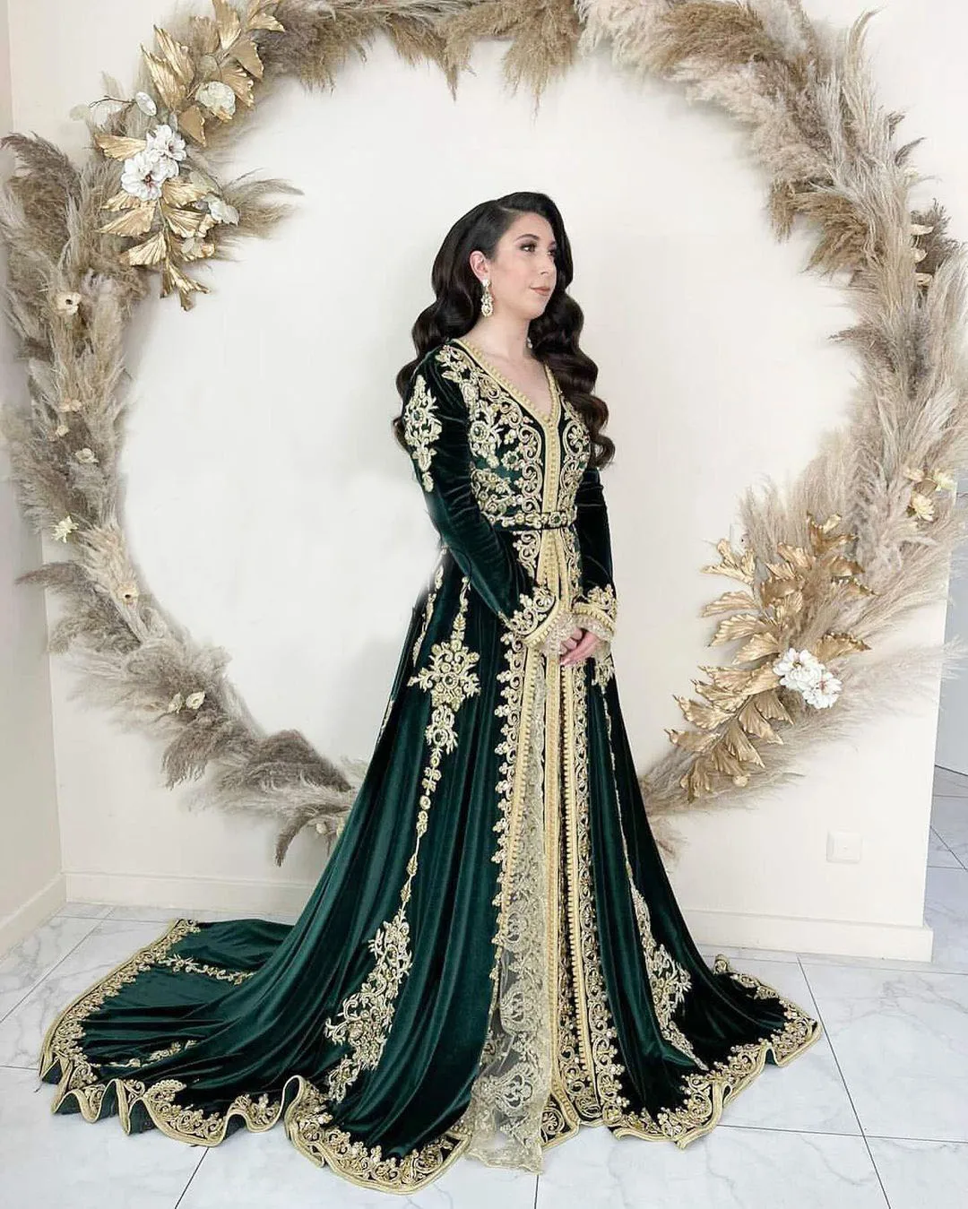 Hunter Grün Samt Prom Kleider mit Langarm Gold Spitze Applique Outfit Kaftan Marokkanischen Katan Arabisch Abendkleid Tragen