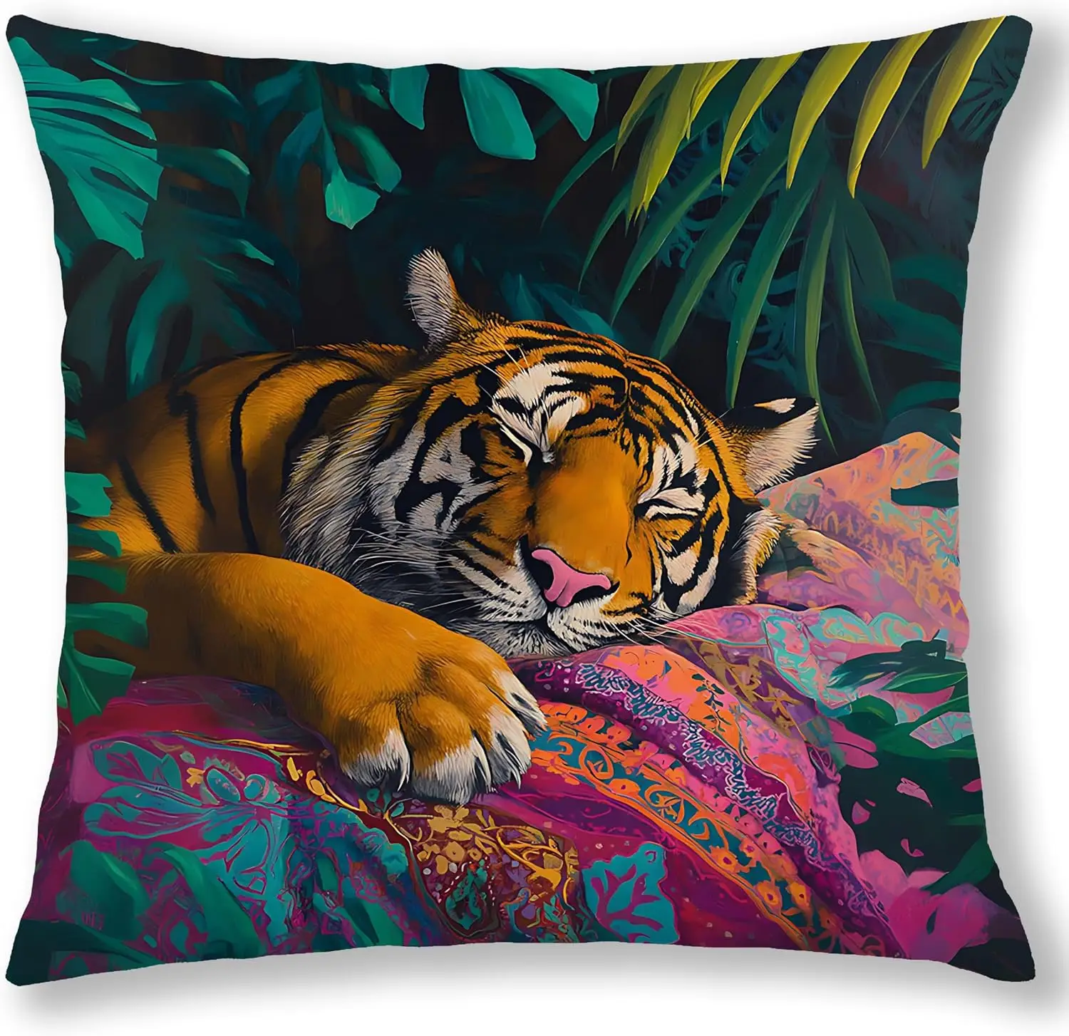 1pcsBoho Tiger Pillow Covers 18x18, Tiger Home Decor, Colorful Eclectic Tropical Jungle Animal Decorative Throw Pillow Covers