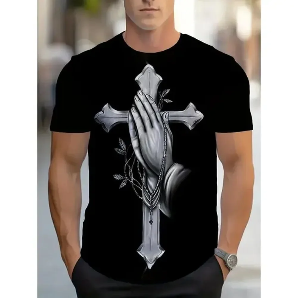 Men's Pure Cotton Short-Sleeve Crucifix Print Streetwear T-Shirt - Round Neck Basic Top with Breathable Fabric, Suitable for Gym, 4 Seasons Wear, Shortsleeve, Tshirt, Casual, Graphic