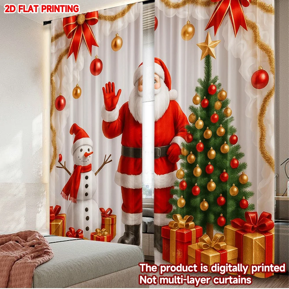 2D-Flachdruck, 2 Stück, Weihnachtsvorhänge, Weihnachtsmann und Baum, digital bedruckte Polyester-Vorhänge, Urlaubsdekorationen für Zuhause