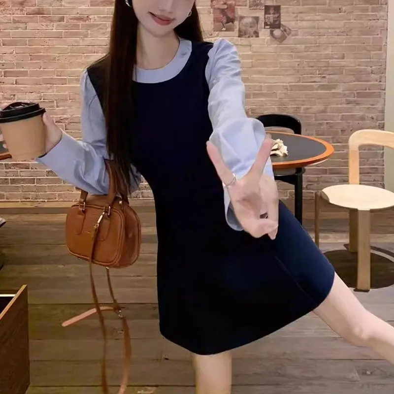 

Fake Two Pieces Korean O-Neck Mini Dress Women's Clothing Preppy Style Spring Autumn Waist Fashionable Patchwork A-Line Dresses