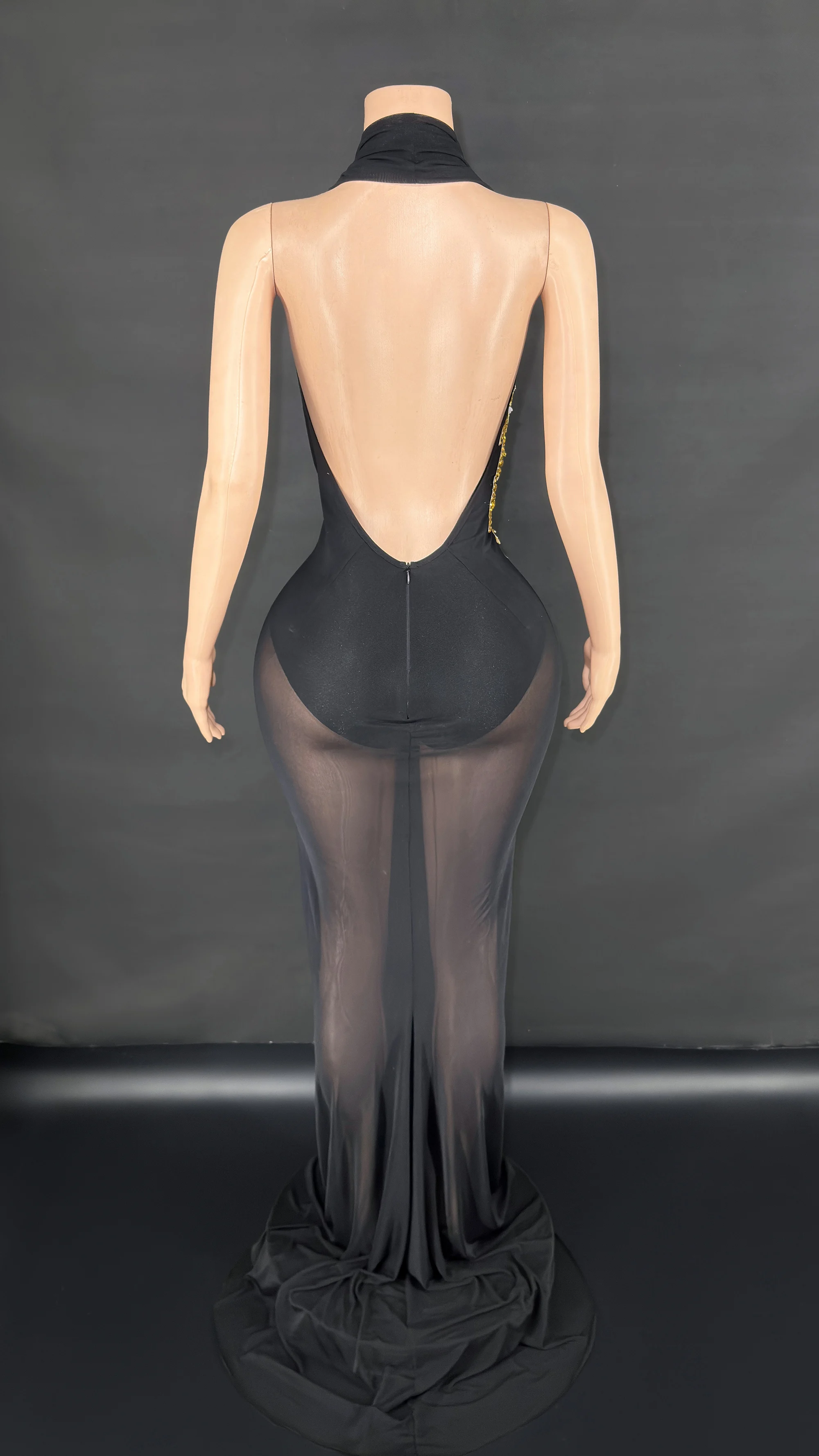 ZD Glamorous Black Sheer Long Evening Dress – Sexy Deep V Halter Mermaid Gown with Gold Appliqué Details, Elegant Transparent