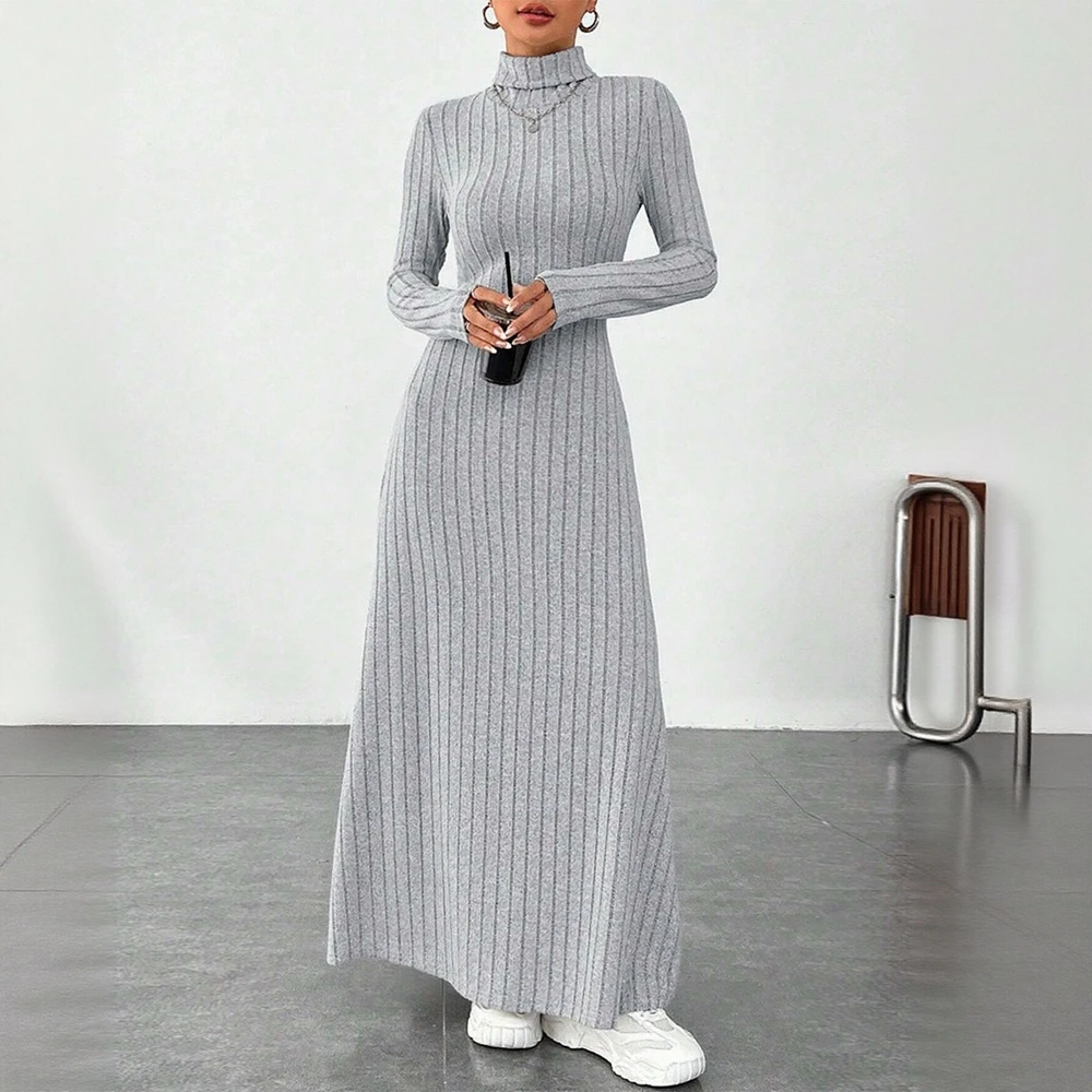 Casual Mid-Length A-Line Dress with Straight Sleeve and Round Neckline Body-Fitting Design for Women