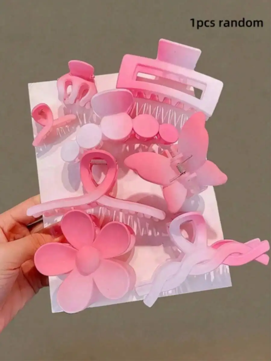 8pcs Dreamy Pink Ombre Hair Clips Set Flower Butterfly Geometric Claw Clips For Women