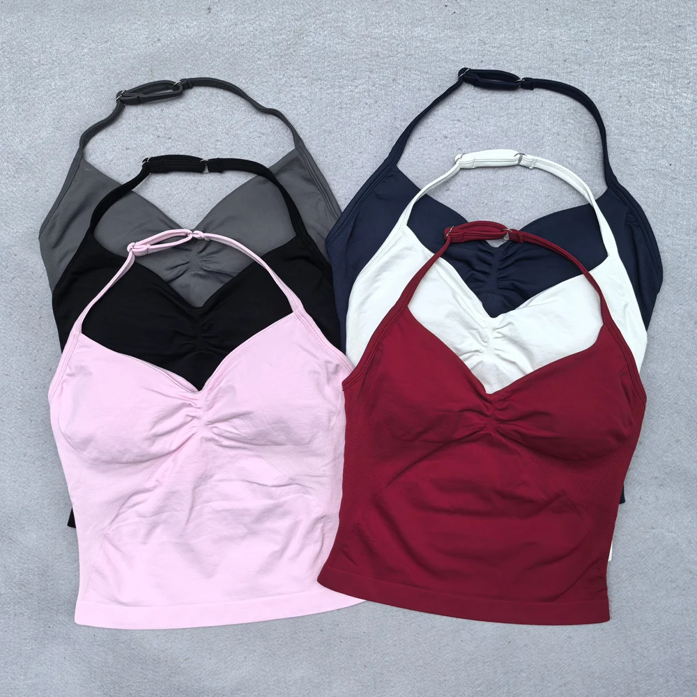 New Longline Strappy Gym Top Backless Gym Clothes Women Scrunch Bra Removable Cups Yoga Tank Workout Outfits Tops Sports Vest