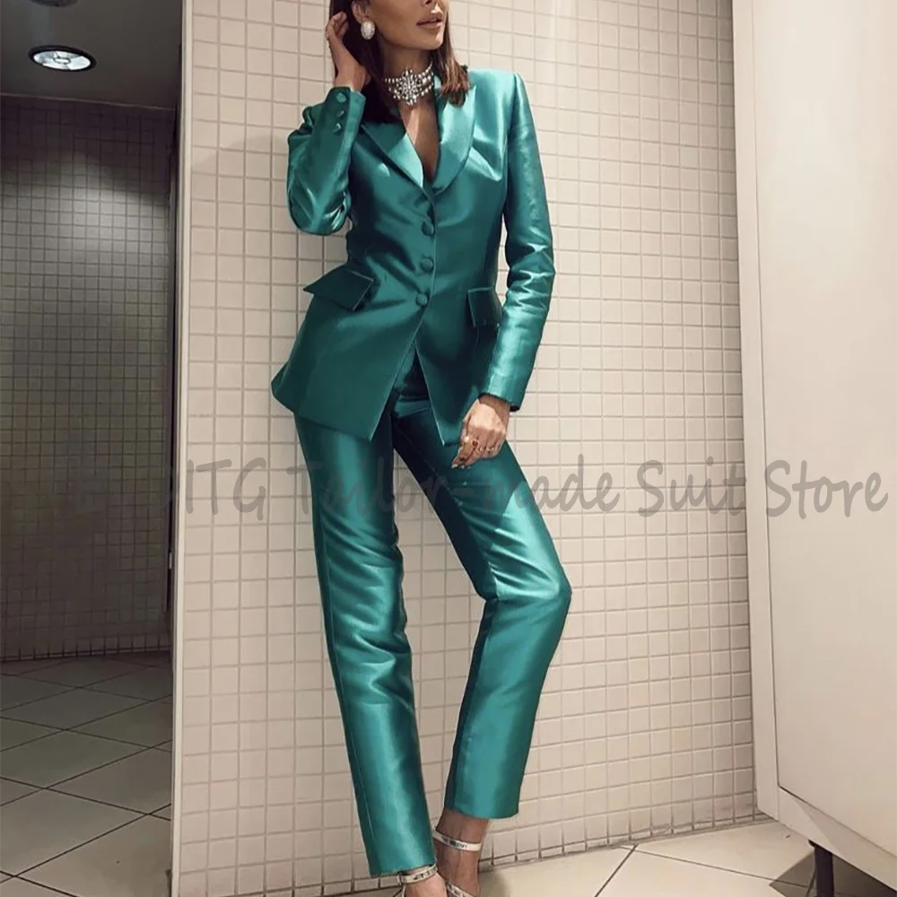 

Green Satin Women's Suit Slim Fit Shiny Jacket Pants Classic Single Breasted Office Meeting Interview Formal Clothes Set