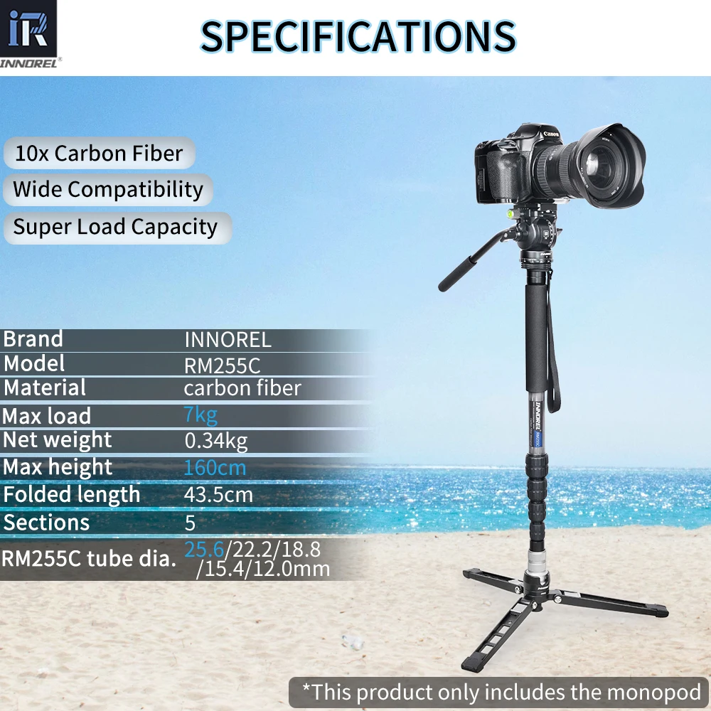 INNOREL RM255C Professionelles Carbonfaser-Einbeinstativ für Canon Nikon Sony DSLR-Kamera Videokamera 5-teilige Fotografiehalterung