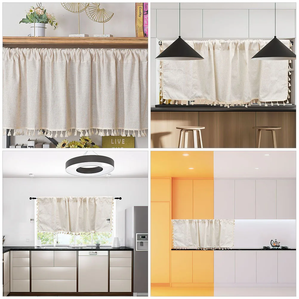 

Bamboo Linen Valance Curtain Kitchen Window Short Privacy Blackout Decorative Tassel Half Curtain for Bathroom Bedroom