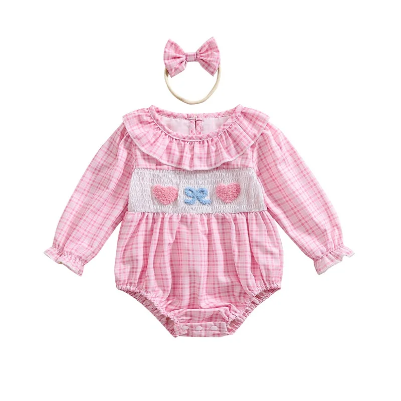 0-24M Newborn Baby Girls Romper Plaid Heart Bow Doll Collar Frill Long Sleeve Smocked Spring Jumpsuits