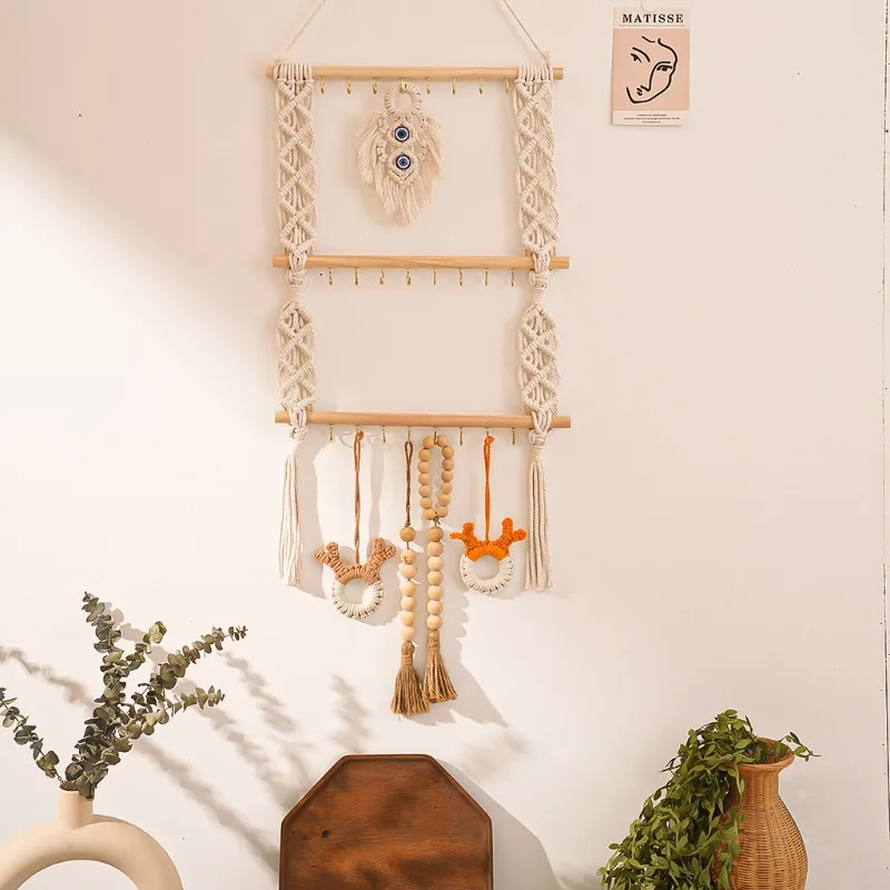 1 قطعة الحبل القطن البوهيمي المنسوجة يدويا عقال حامل إكسسوارات الشعر المنظم الجدار الشنق ديكور المنزل نسيج القطن اليدوية #3