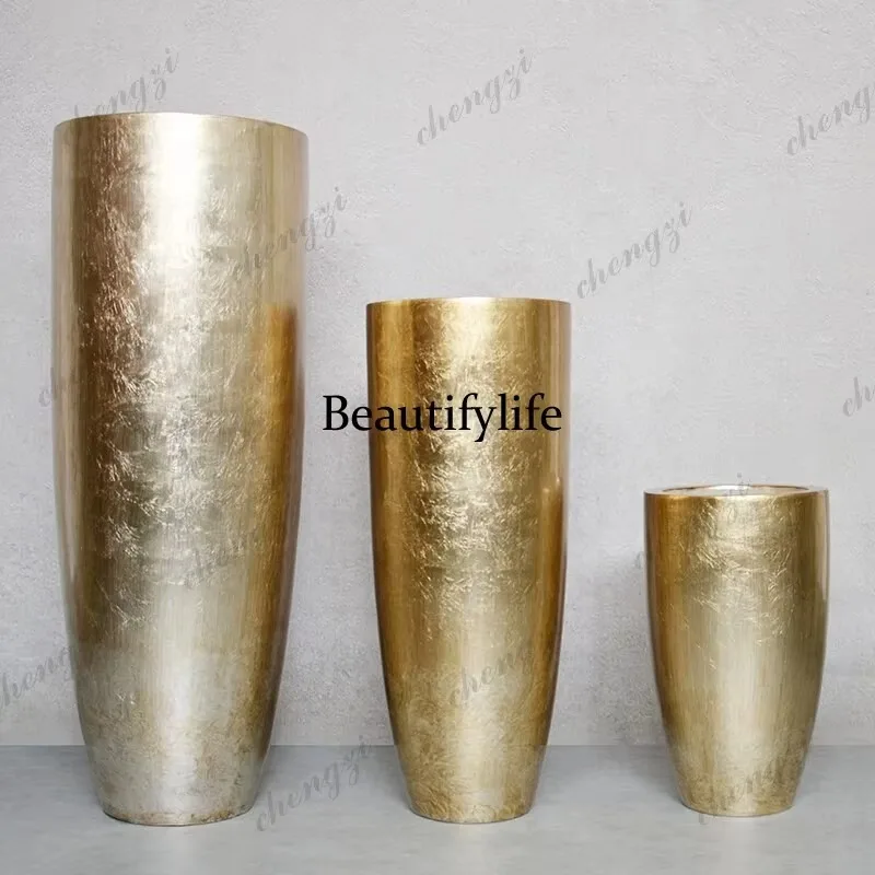E182 Modern fiberglass bronze round floor-to-ceiling vase, model room soft decoration flower ornament