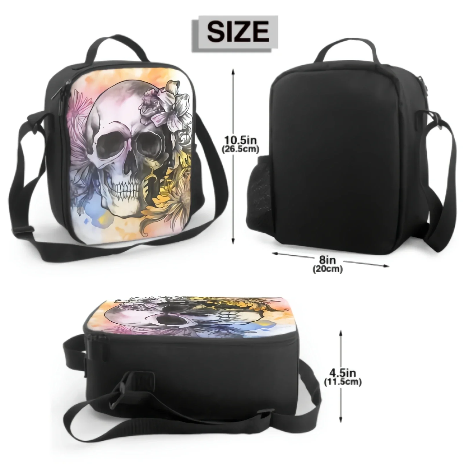 Watercolor Human Skull Head Insulated Lunch Box Skull With Flower Portable Cooler Bag Reusable Food Container for Travel Picnic