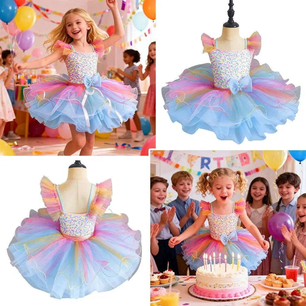 Fashion Sequin Kids Ballet Dress Rainbow Color Professional Performance Clothes Party Dress Puffy Dance Costumes Kids Girls