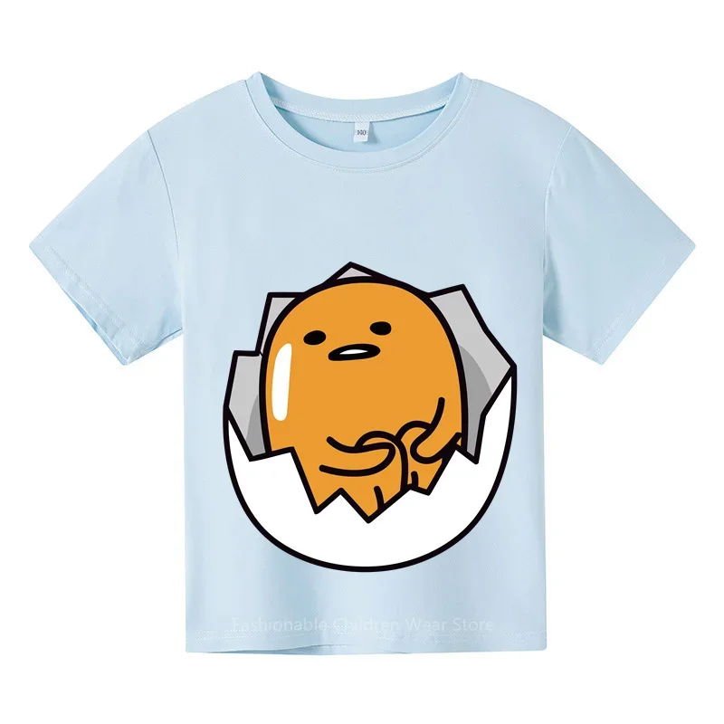 

Новая футболка Gudetama с мультяшным принтом, повседневные хлопковые топы с коротким рукавом для мальчиков и девочек, летняя уличная модная детская одежда