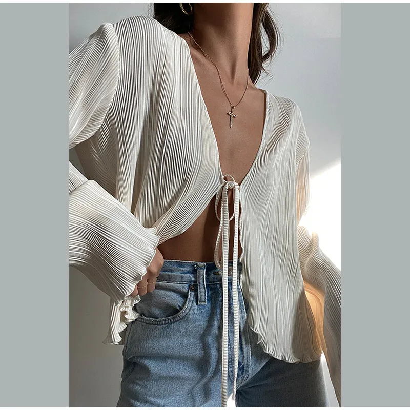 Women Elegant Tie Up Cardigan V Neck Long Flare Sleeve Pleated Shirt Summer Ladies Temperament Crop Tops Blouse Y2k Streetwear