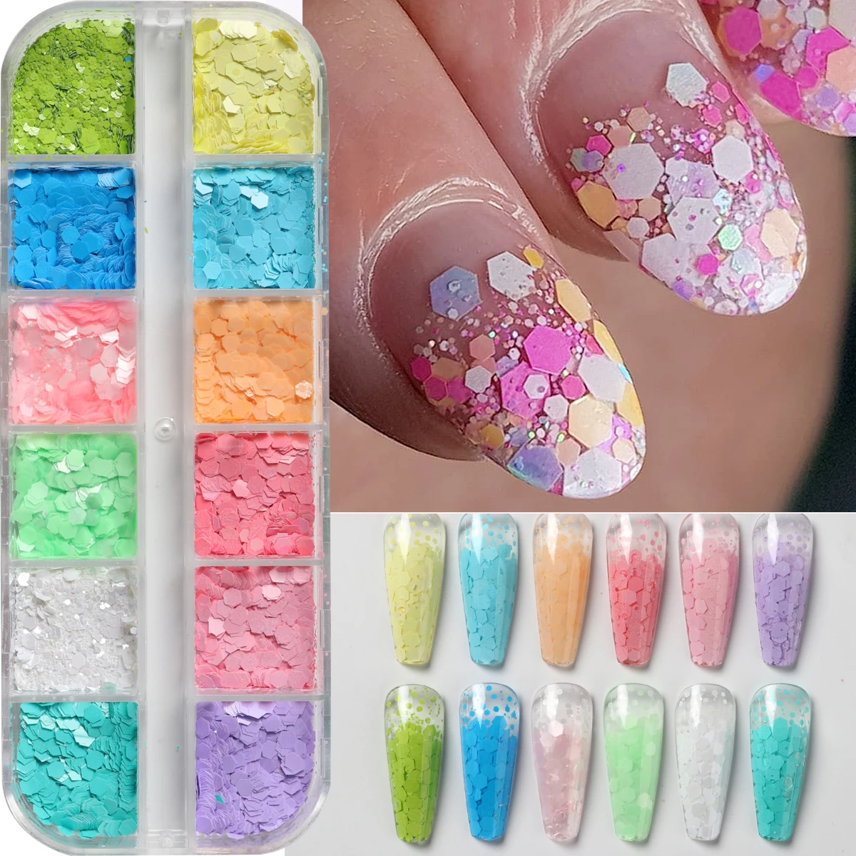12 Grids Mermaid Hexagon Nail Art Glitter Sequins Candy Color Holographic Spangles Sparkly Flakes Paillette Dopamine Charm Decor