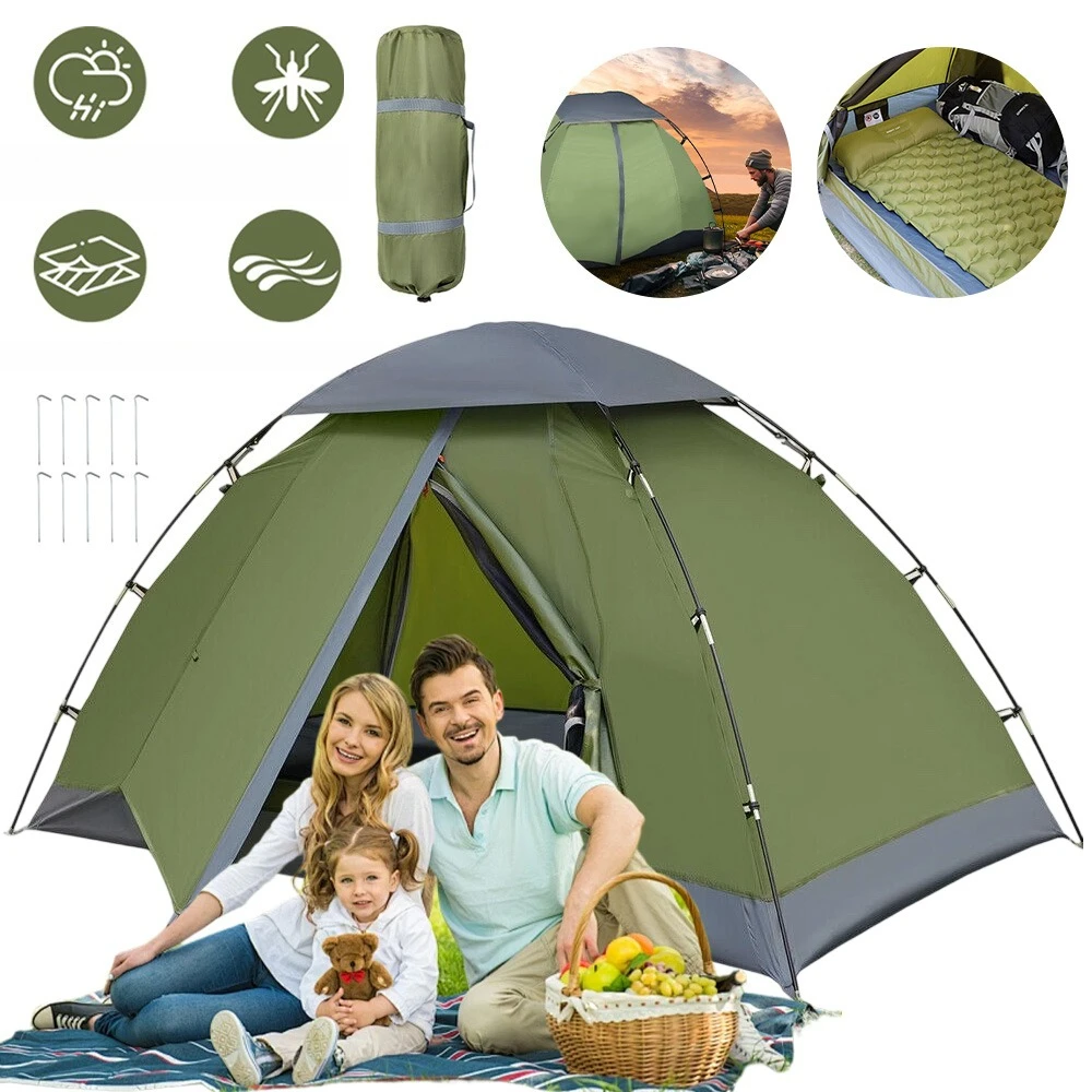 Doppelzelt Campingzelt Outdoor-Zelt Familienzelt Schnellaufbau-Zelt für 2-3 Personen 4 Jahreszeiten Tragetasche 2 Türen Polyester Dunkelgrün 205X 120 X110 Cm