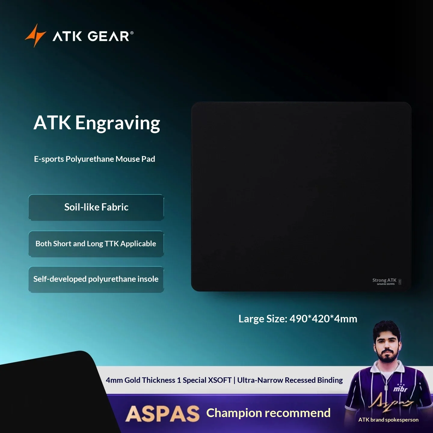 Echte ATK GEAR Lie-serie, groot gaming-muismat, gemaakt van polyurethaan met een textuur die lijkt op aarde, 4 mm dik, extra zacht, met gestikte randen, geschikt voor esports en kantoorgebruik.
