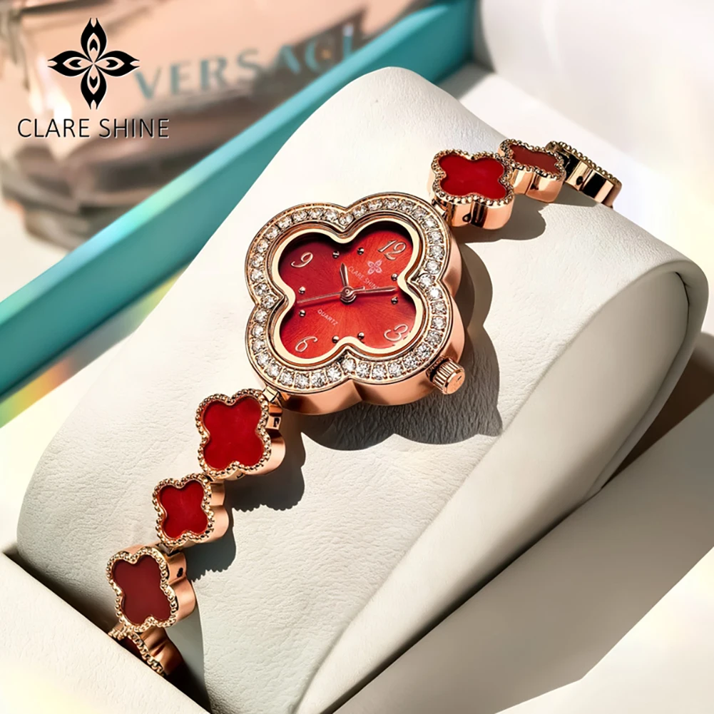

CLARE SHINE Quartz Watches Necklace Gift Box Set for Women Elegant Luxury Diamond Bezel Lucky Ladies Wristwatch Waterproof Watch
