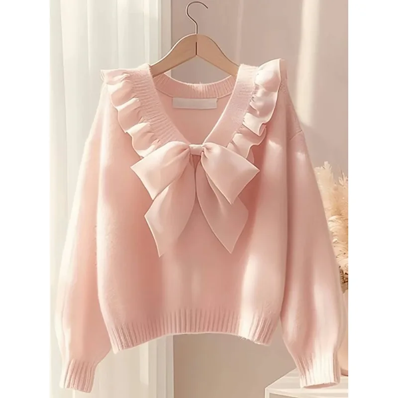 

Pink Bow Knitted Sweater Women's Spring Clothing High-end Sense Unique Temperament Age-reducing Top Exquisite Simple Fashion
