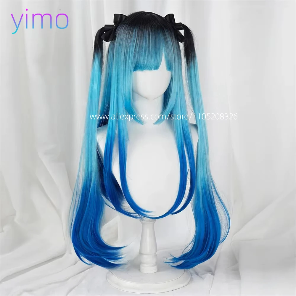 애니메이션 아메미야 다루미 코스프레 가발 85cm 긴 검정색 파란색 염색 가발 여성용 내열성 합성 머리 의상 코스프레 가발