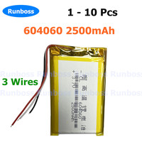 1-10pcs 3.7V 604060 2500mAh 3 Wires Lithium Polymer Rechargeable Battery For DVD Bluetooth GPS Wired Microphone Audio Computer