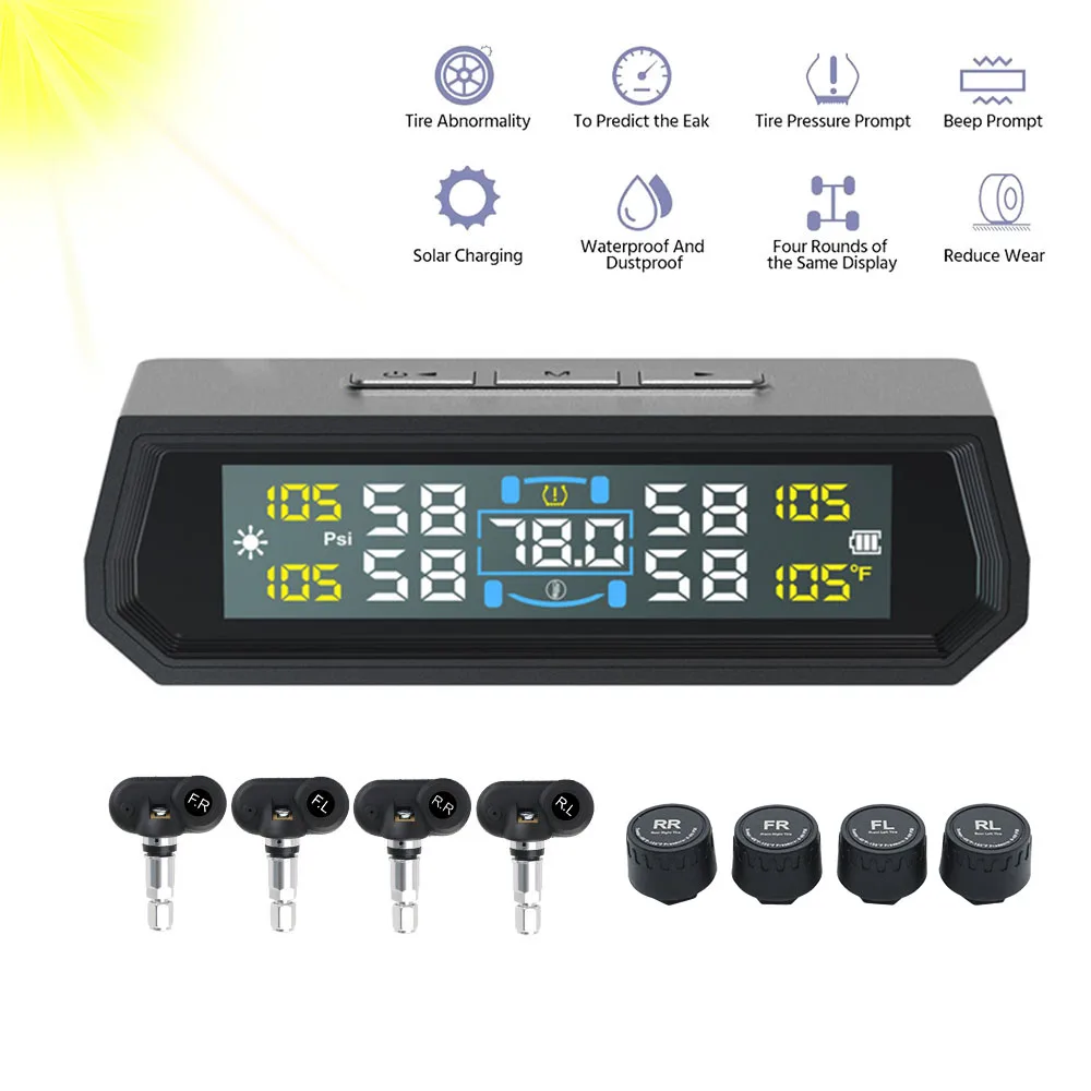 Auto Security Alarm Systems Car Tire Pressure Monitoring System Universal USB / Solar TPMS In Car Temperature Display