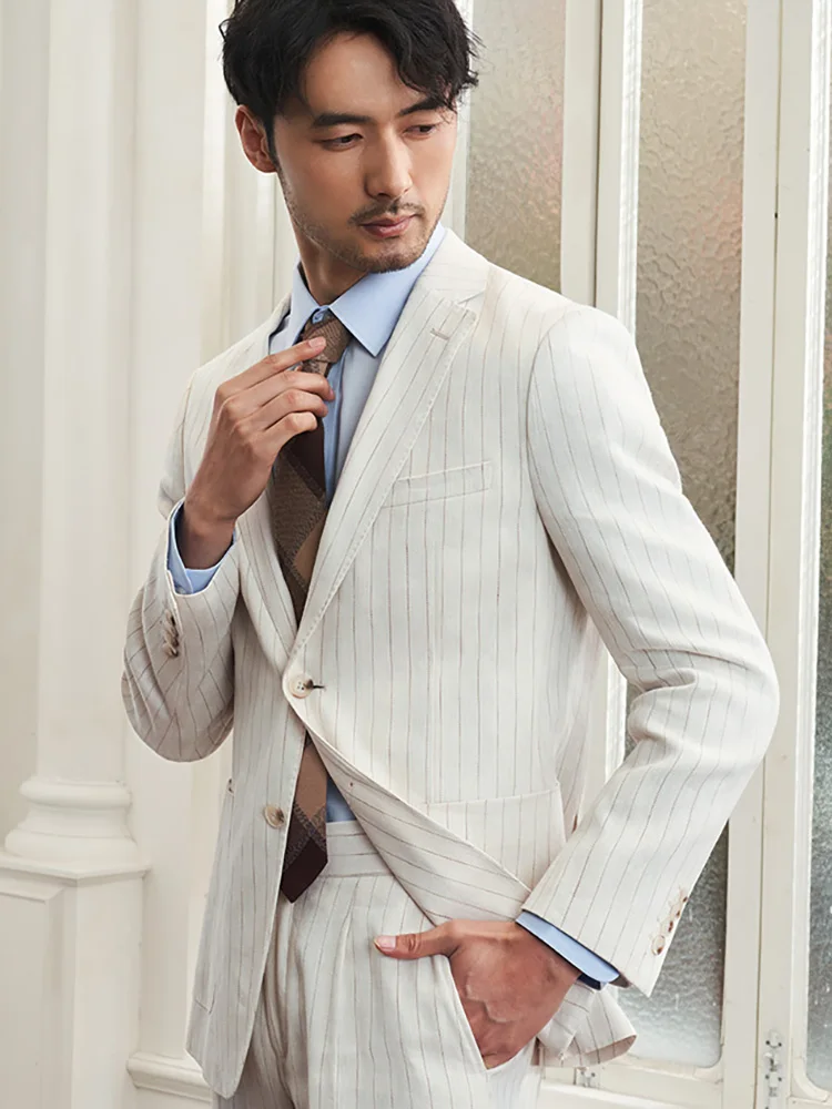 60% Linen 40% Cotton Suits For Men White Stripe Slim Fit Wedding Groom Wear Clothing 2022 Spring Summer Thin Blazers Pant Set 58