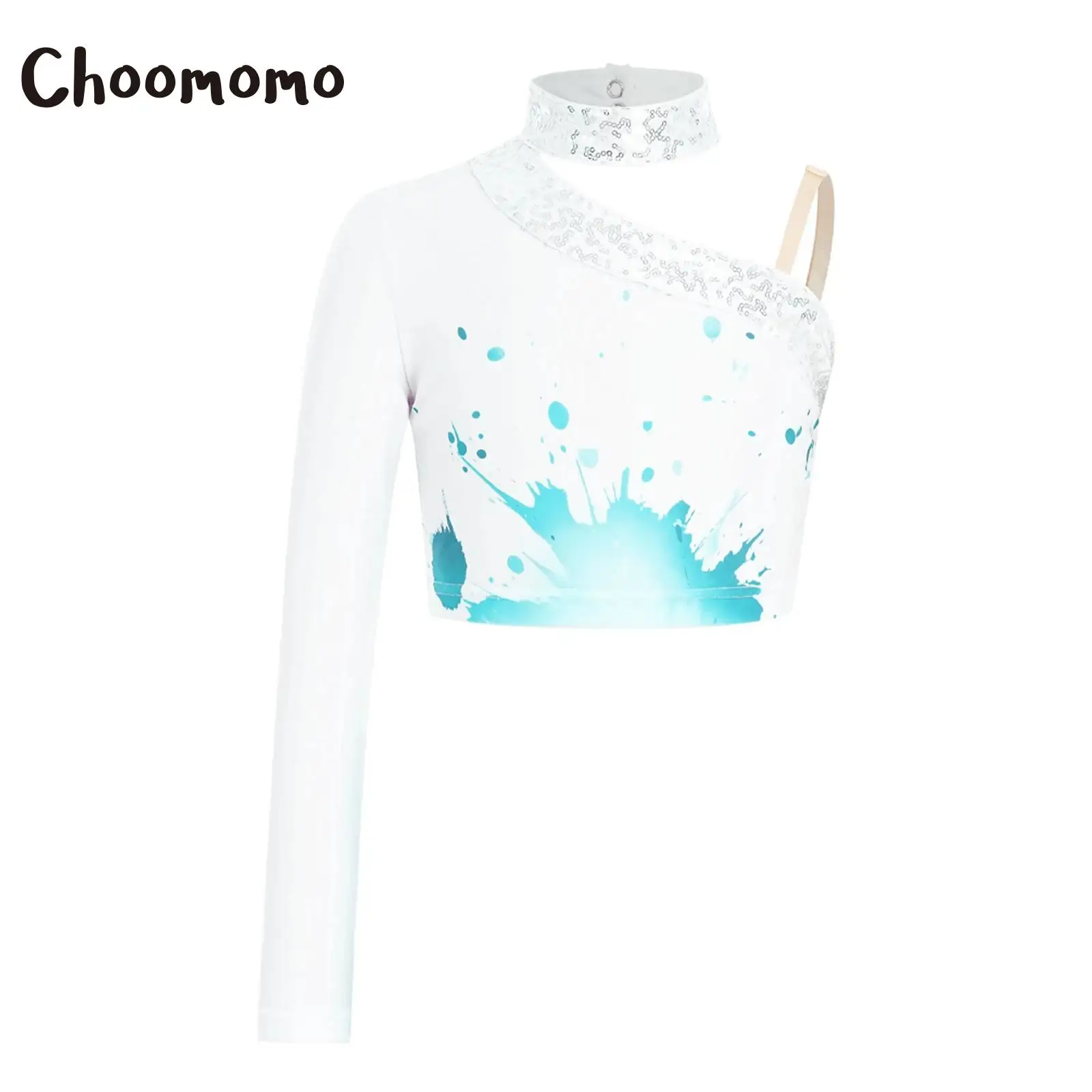 

Костюм для выступлений по балету и фигурному катанию для девочек: асимметричный топ с пайетками, без рукавов, стильный, с принтом, для гимнастики