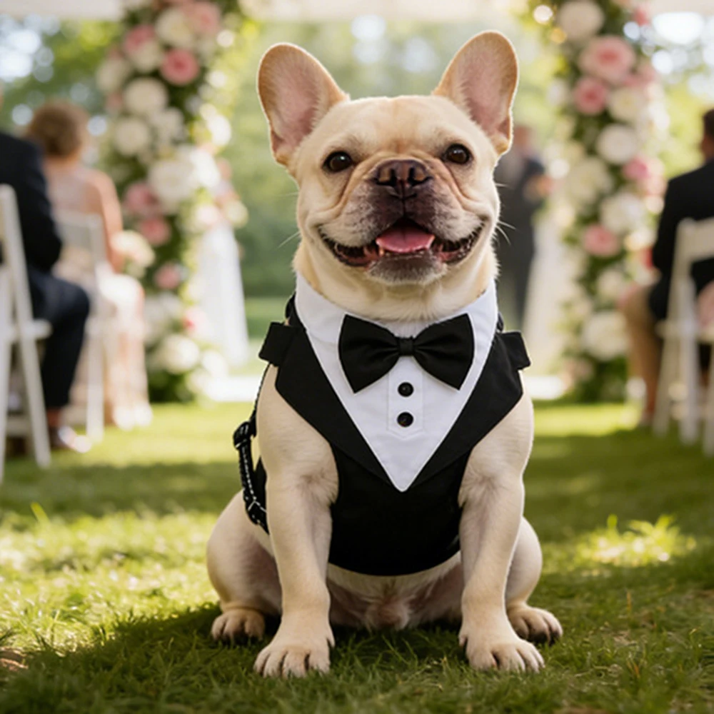 Hochzeits-Hundegeschirr im Smoking-Stil mit Fliege, verstellbare, atmungsaktive Weste mit D-Ring, kein Ziehen, für kleine und mittelgroße Hunde – Detail 21