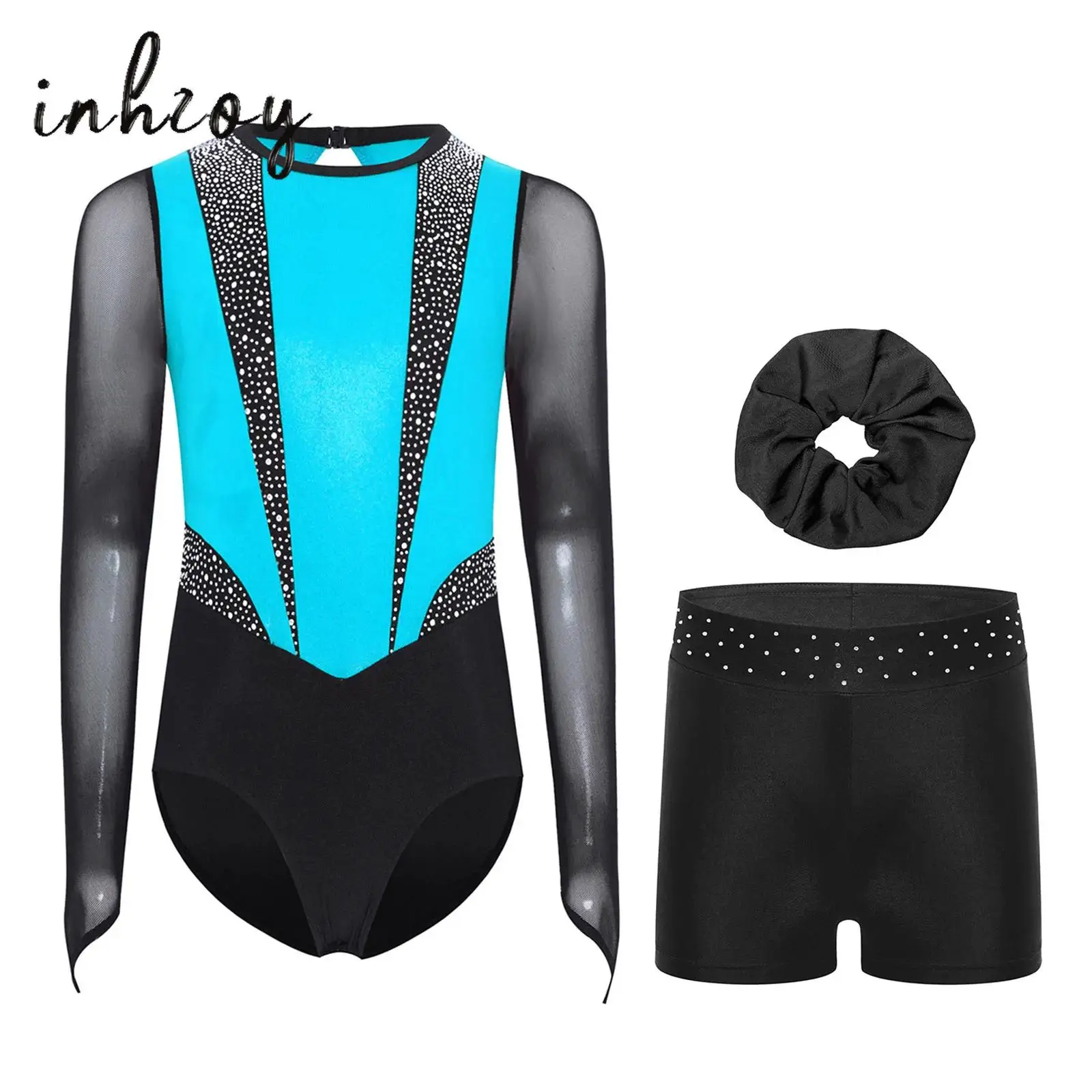 

Kids Girls Gymnastics Figure Skating Performance Leotard 3Pcs Long Sleeves Sparkly Rhinestones Metallic Bodysuit+Shorts+Headwear