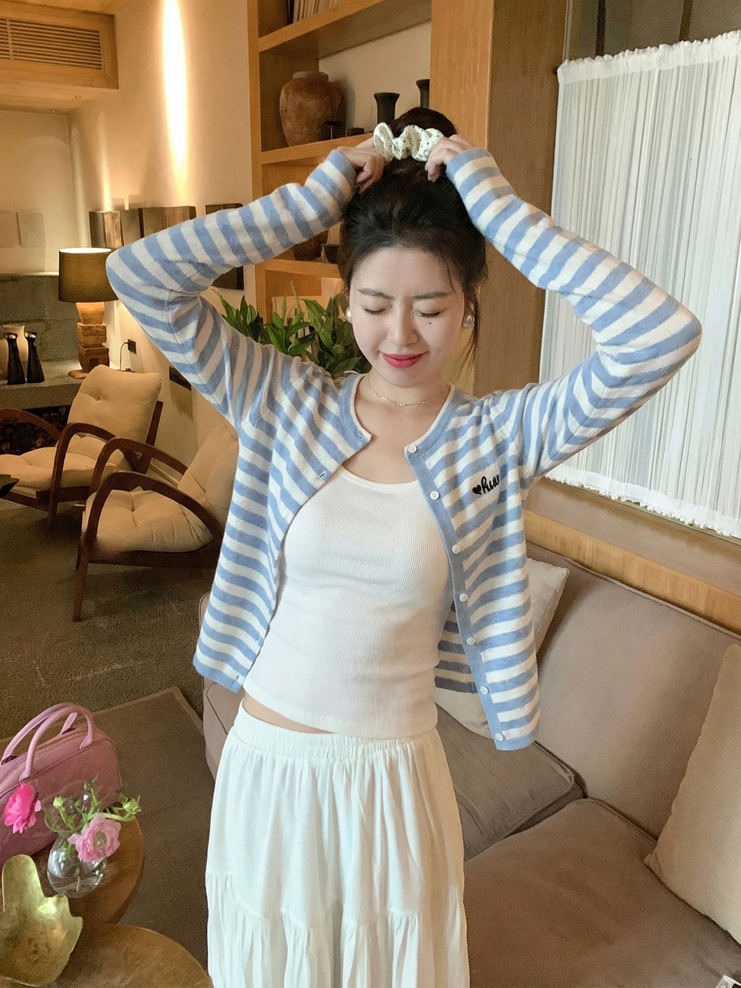 

Blue Striped ort Knitted Open Cardigan Women's Spring Korean Sle Lazy Sweater Jaet Top Medium Softn Long Sve