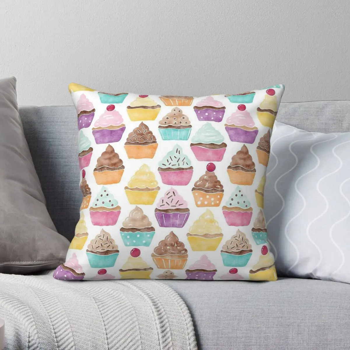 Watercolour Cupcakes Square Pillowcase Polyester Linen Velvet Pattern Zip Decor Throw Pillow Case Home Cushion Cover Wholesale