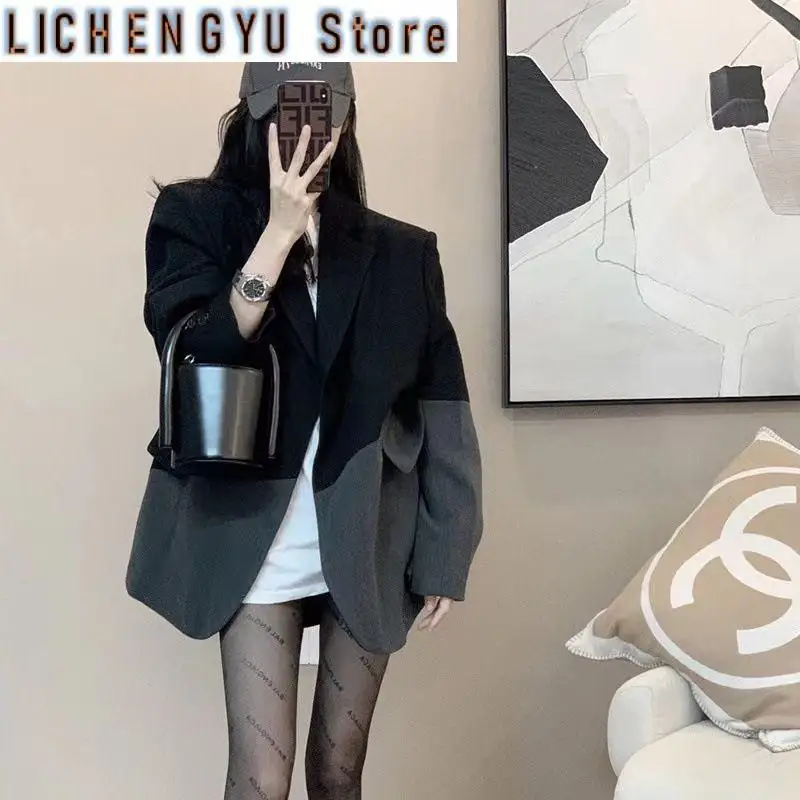 New Korean Hepburn Style Black And White Patchwork Blazer Coat Women Long Sleeved Slim Elegant Suit Jackets Ladies Top