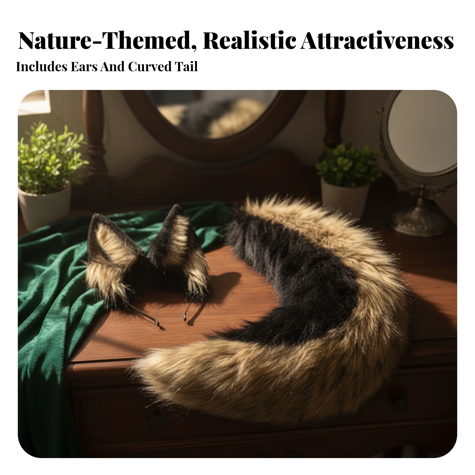 Wolf Ears and Tail Set Fluffy Faux Faux Pelage Ears with Headband Cosplay Tail with Adjustable Strap Two-toneColor Costume High