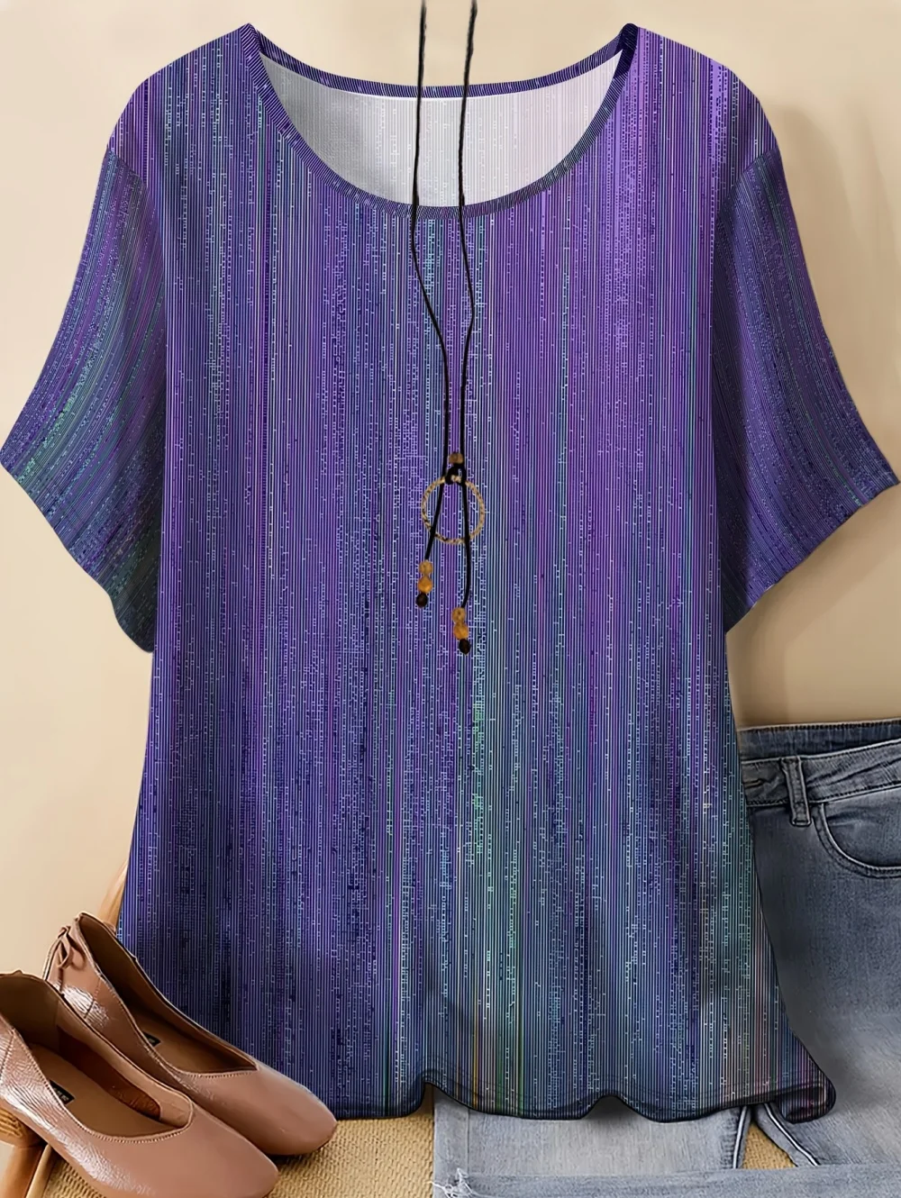 Vintage Damen Sommer T-Shirt Farbverlauf-Druck Eleganter O-Ausschnitt Kurzarm-Tees Mode Streetwear Lockere Oberteile Y2k Damenbekleidung – Detail 3