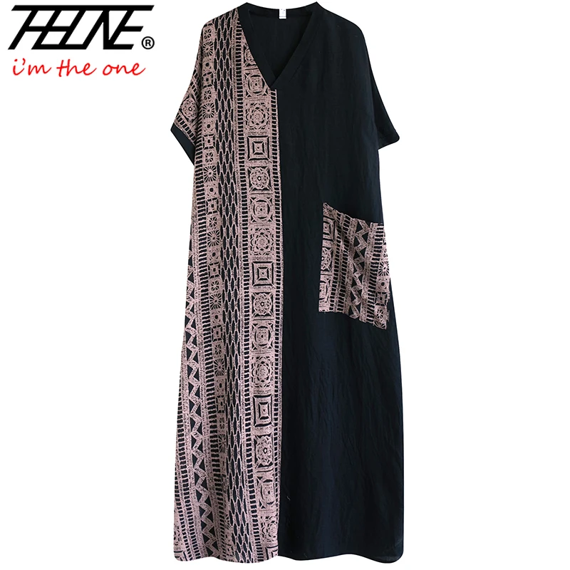 THHONE New Dress Women Summer V-Neck Vintage Loose Patchwork Pockets Beach Style Casual Plaid Bohemian Robe Long Maxi Dresses