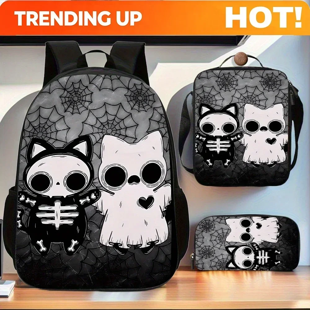 Custom Bag Gothic Cat 3pcs Backpack Set, Includes Large Capacity Casual Double Shoulder Backpack, Pencil Bag And Lunch Box, Poly