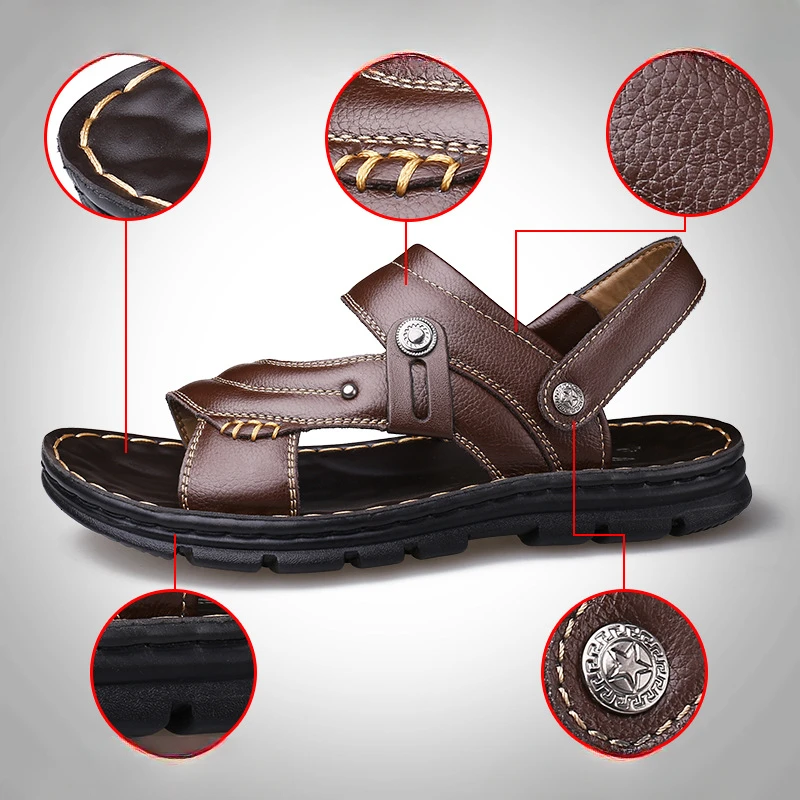 Men Sandals High Quality Summer Beach Shoes Leather Dad Shoes Thick-soled Comfortable Slippers Non-slip Open-toe Leather Sandals