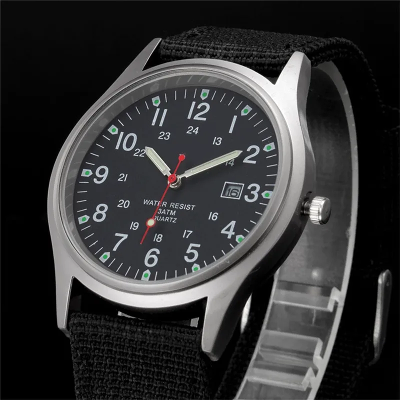 Students Fashion Brand Watches Men Boys Casual Simple Nylon Band Army Sports Gifts Calendar Quartz Watch Erkek Barato Saat Black